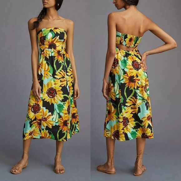 🆕️ Anthro Maeve Sunflower Strapless Silk Rayon Midi Dress